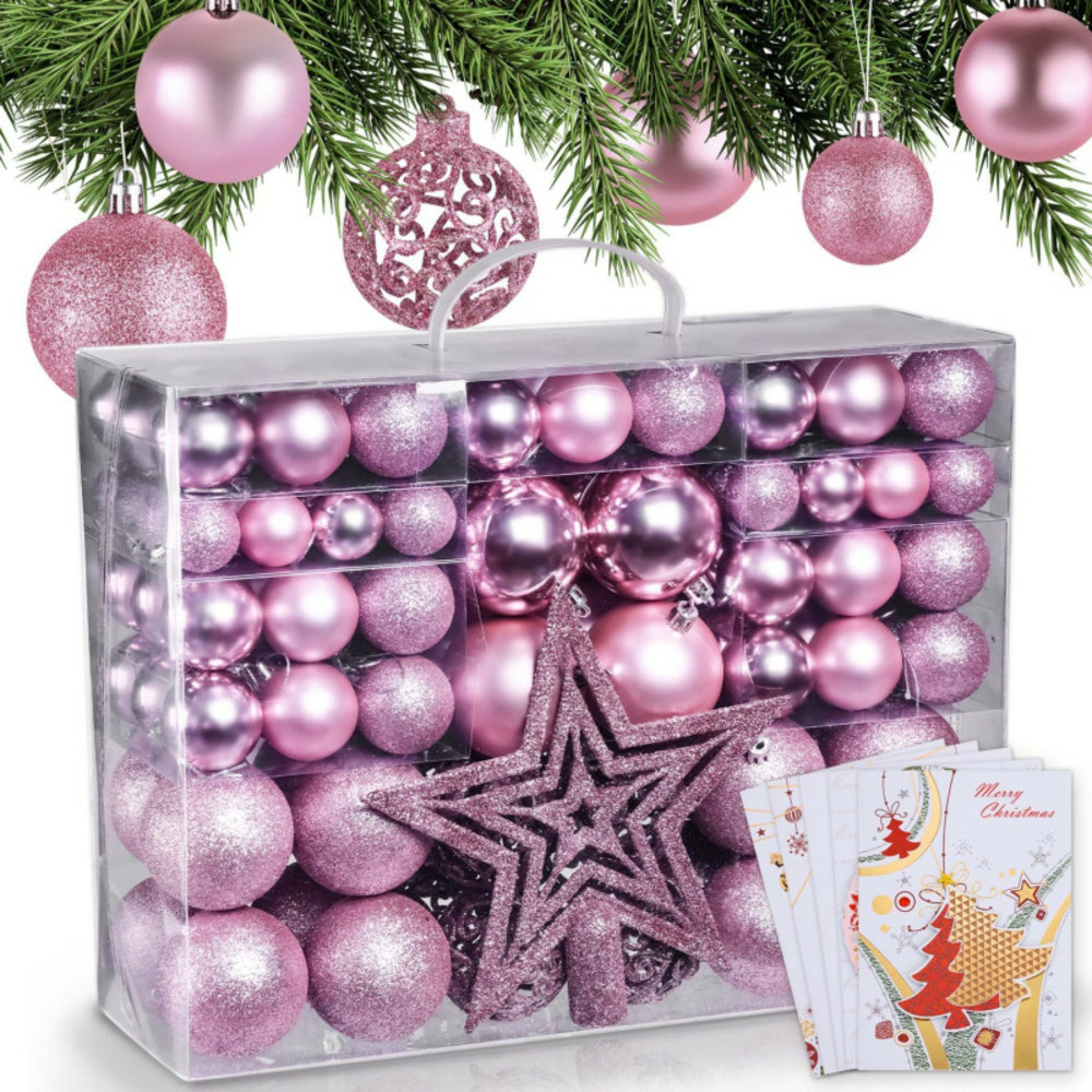 Boules de noël roses décorations de sapin coffret de 128 pièces inclus ètoile de sapin-5 cartes