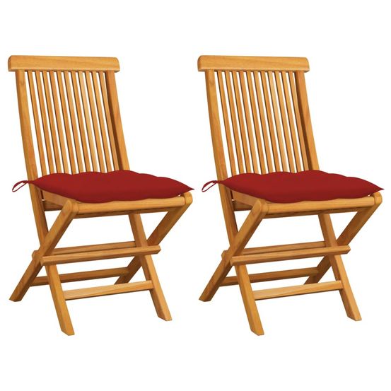 Chaises pliantes avec coussins rouges, 2 pièces, en teck massif