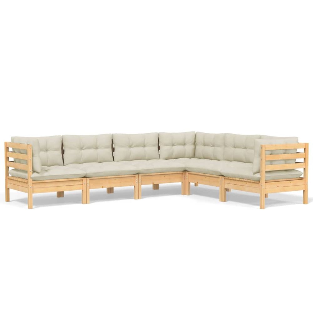 Salon de jardin 6 pcs avec coussins crème bois de pin massif