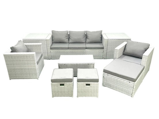 Ensemble de meubles d'extérieur en rotin avec table basse rectangulaire 2 chaises 3 tabourets 2 tables d'appoint gris clair mixte