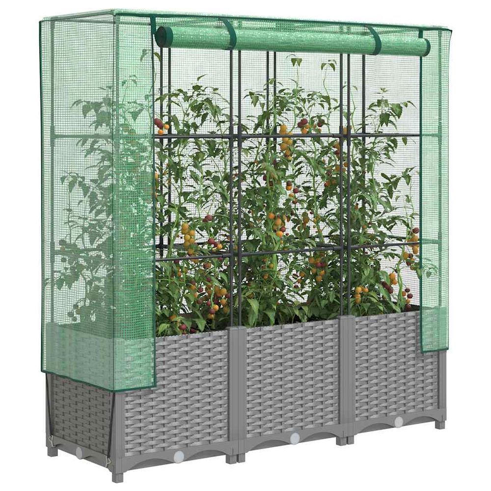 Grand bac potager sur pieds 120cm avec serre aspect rotin gris