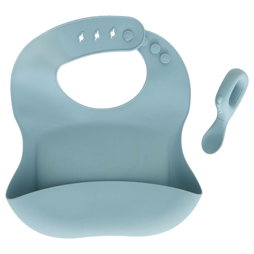 Set bavoir et cuillère yum silicone bleu