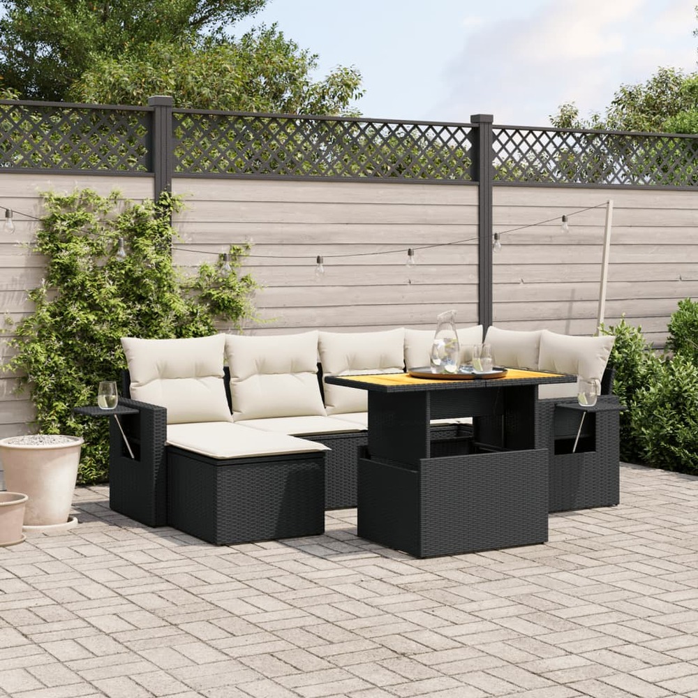 Salon de jardin 7 pcs avec coussins noir résine tressée