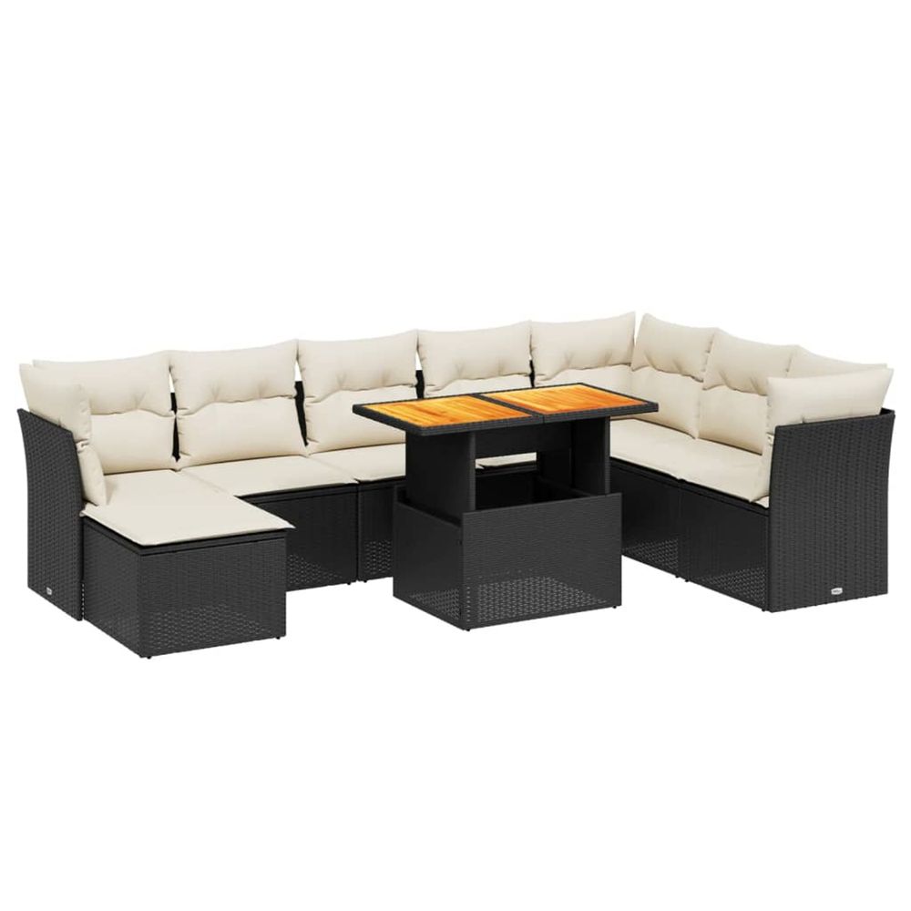 Salon de jardin 9 pcs avec coussins noir résine tressée