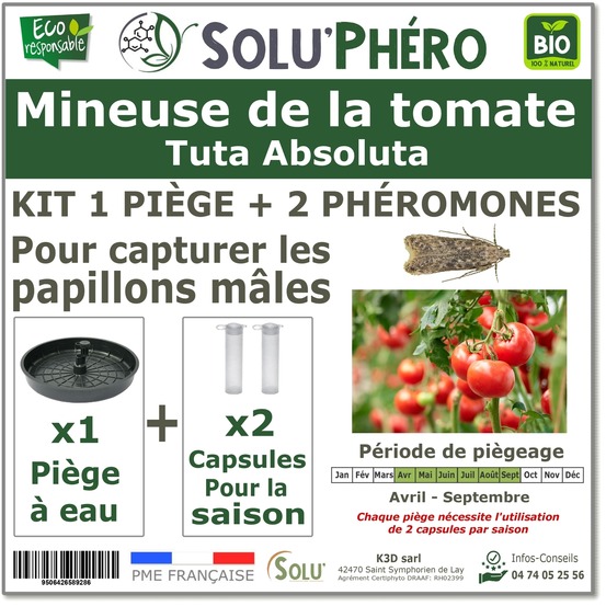 Solu'phéro - 2 phéromones contre la mineuse de la tomate - 1 capsule 3 mois de protection + un piège