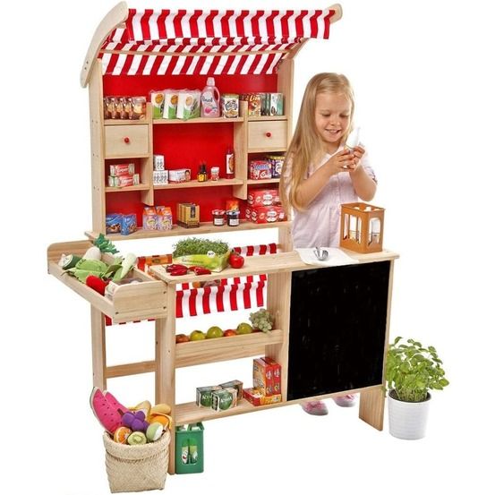 Stand de marché en bois avec accessoires