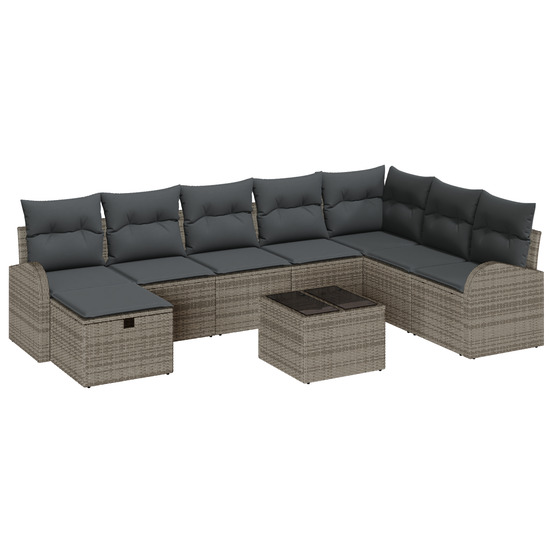 Ensemble de canapé de jardin de 9 pièces avec coussins gris poly rattan