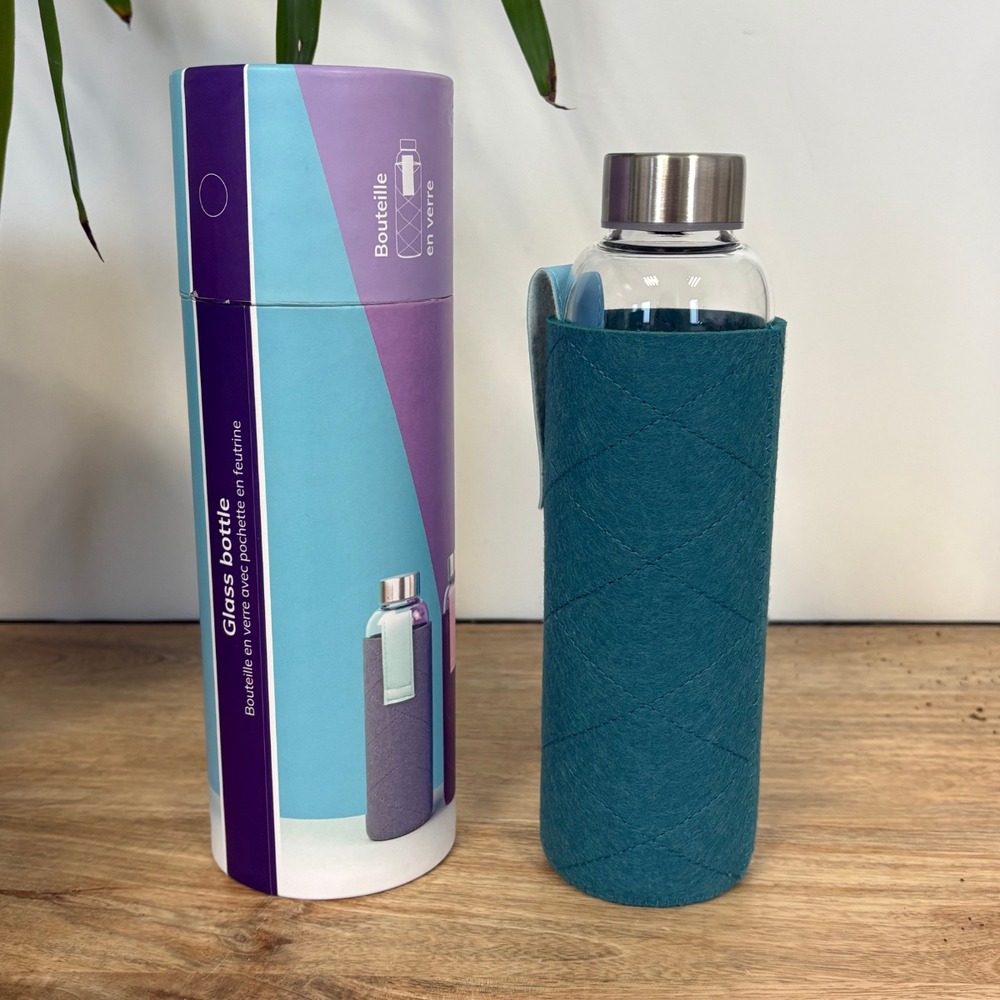 Gourde en verre avec pochette - bleu canard