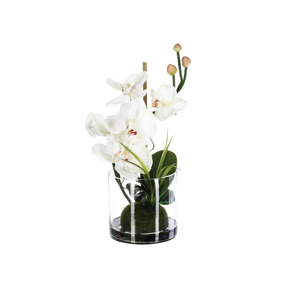 Composition florale d'orchidées artificielles vase en verre d. 18 x h. 35 cm