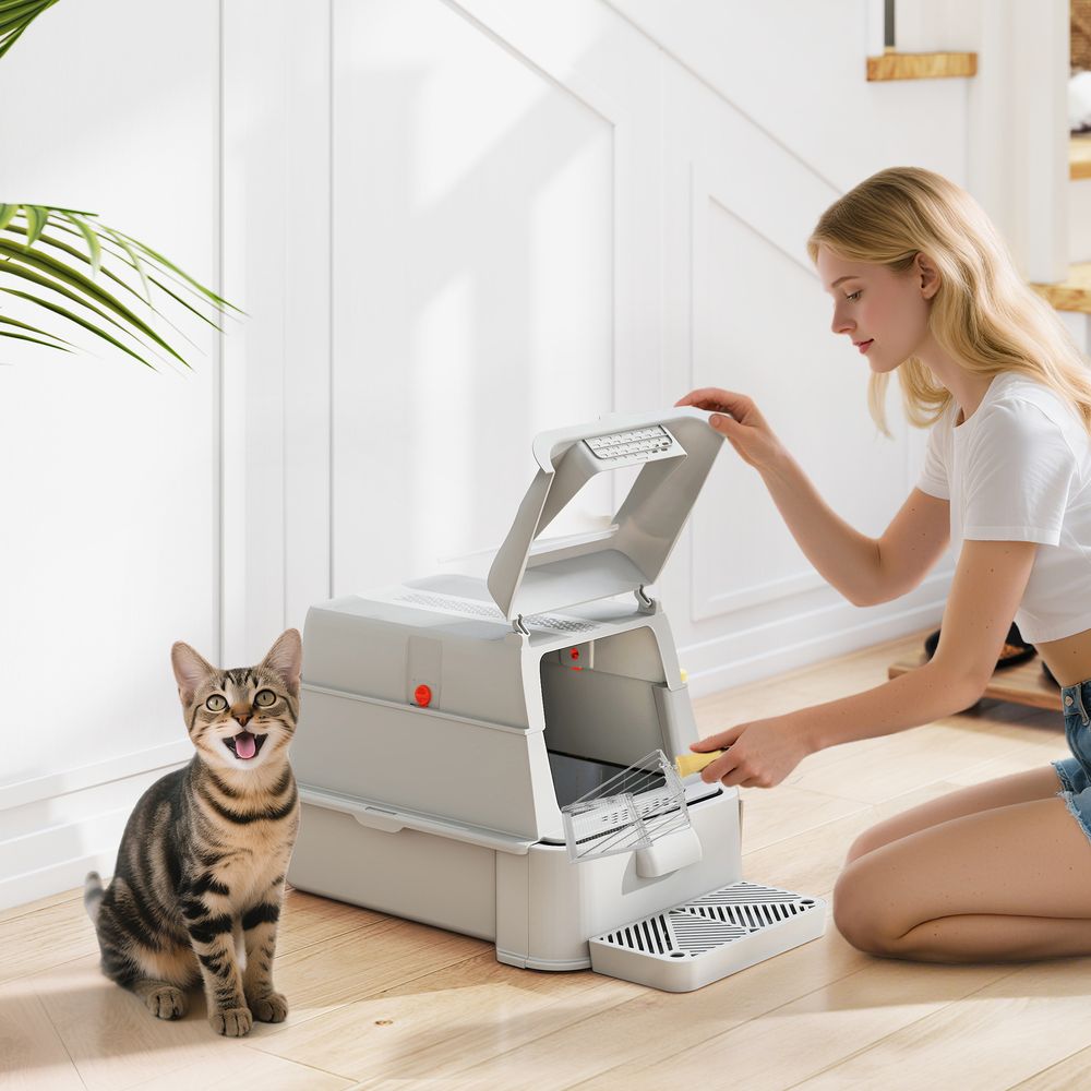 Bac à litière pour chat 80l en inox avec couvercle rabattable à 180°, tiroir coulissant, pelle, 63x43x43cm, gris clair