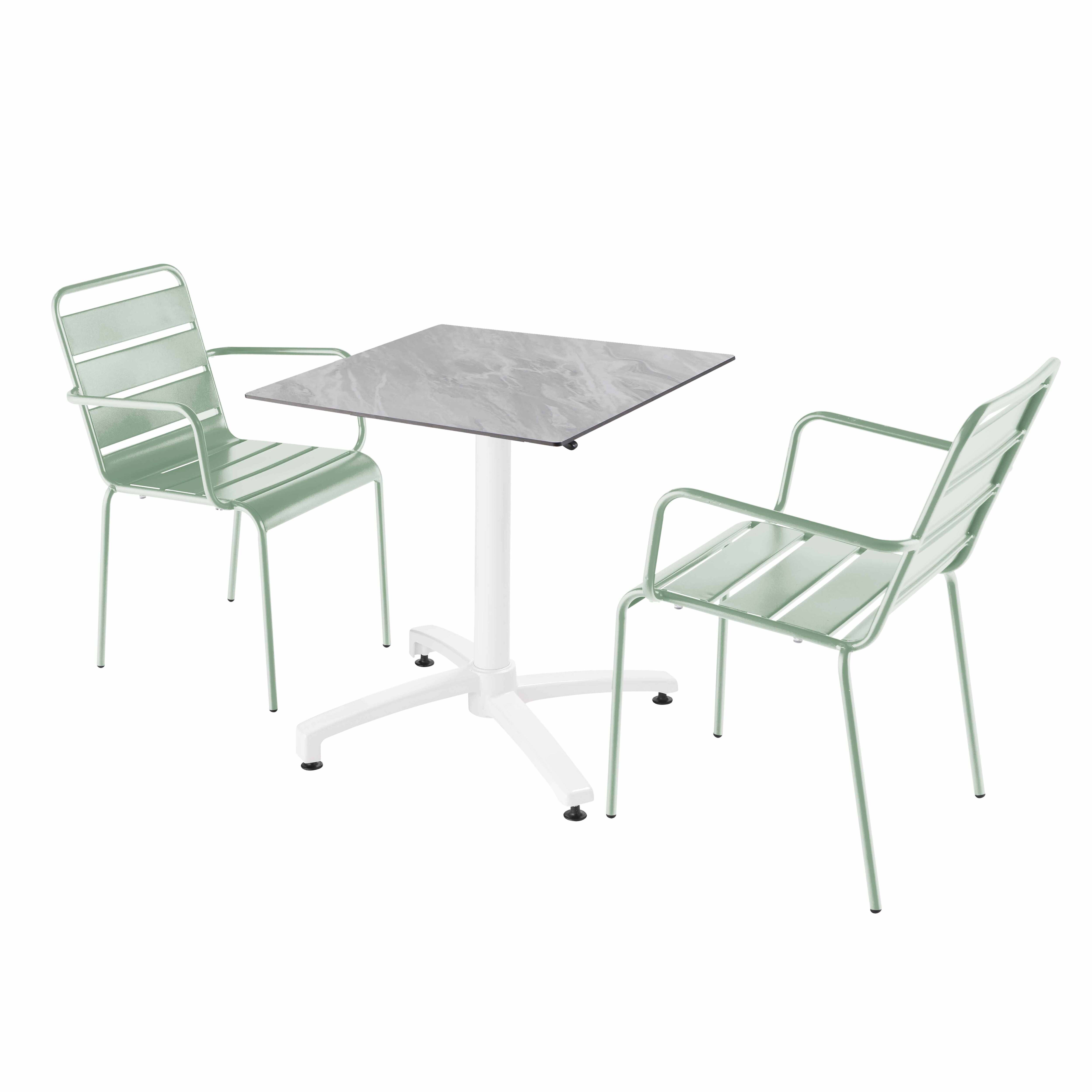 Ensemble table de terrasse stratifié marbre et 2 fauteuils vert sauge