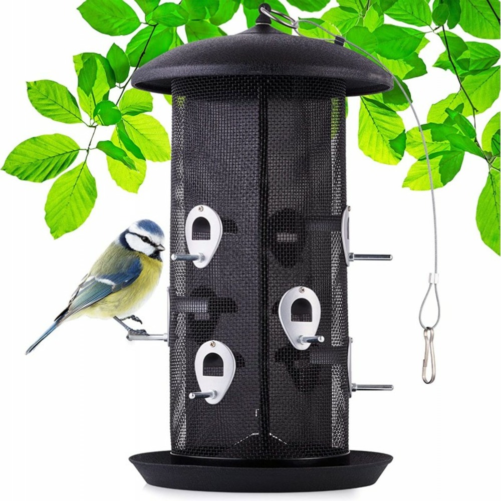 Mangeoire à graines arrondie pour oiseaux sauvages à suspendre en extérieur  avec chaîne de suspension en métal – Toit en métal gris avec trémie en