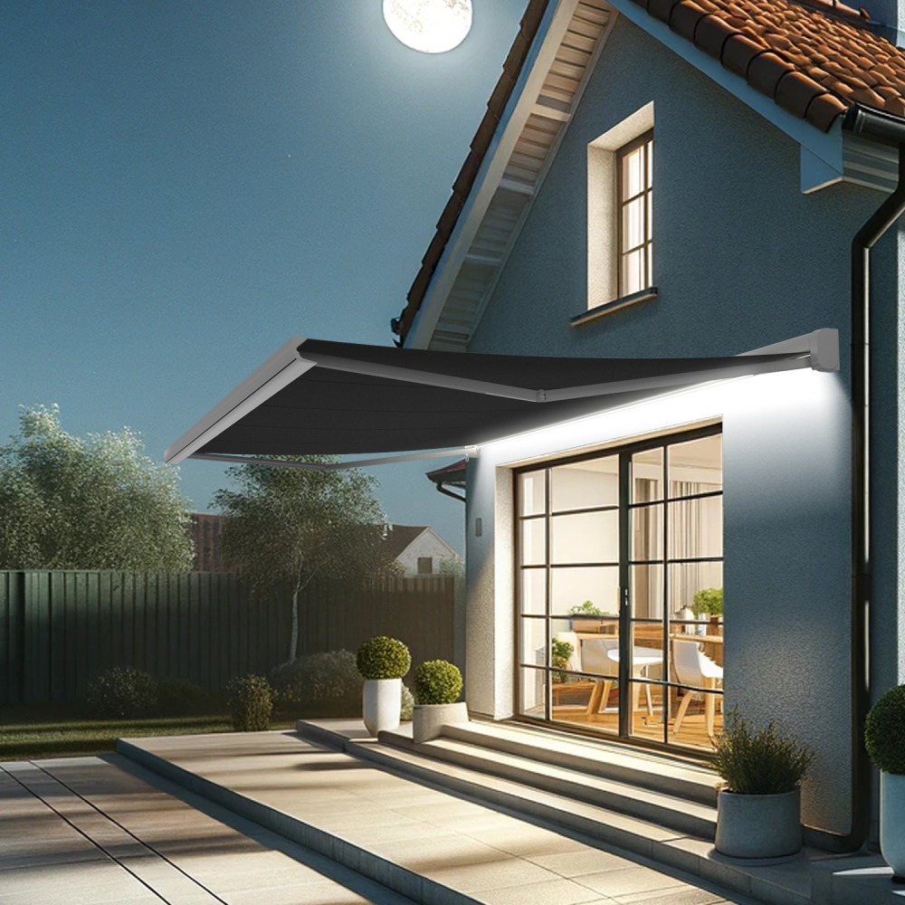 Store banne coffre intégral celeste 5,00x3,00 m (motorisé secours à télécommande + led - blanc satiné ral9010 - gris graphite)