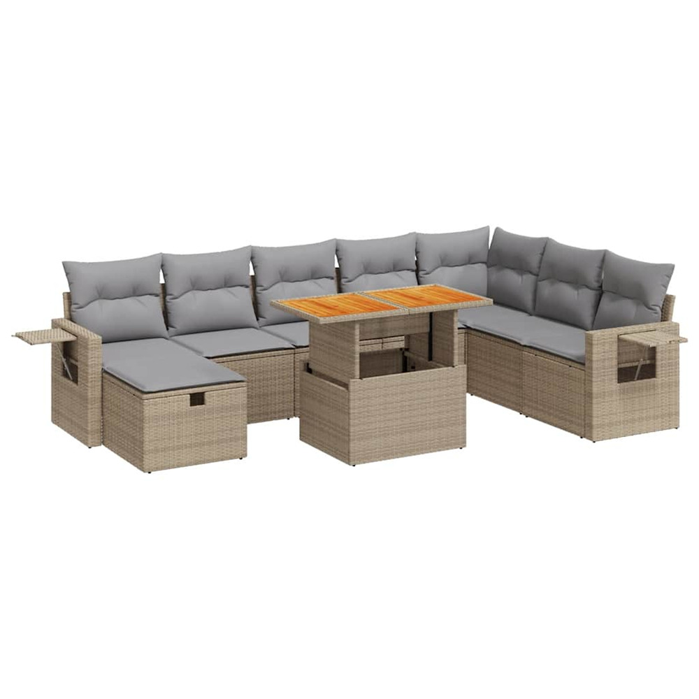 Salon de jardin avec coussins 9 pcs beige résine tressée acacia