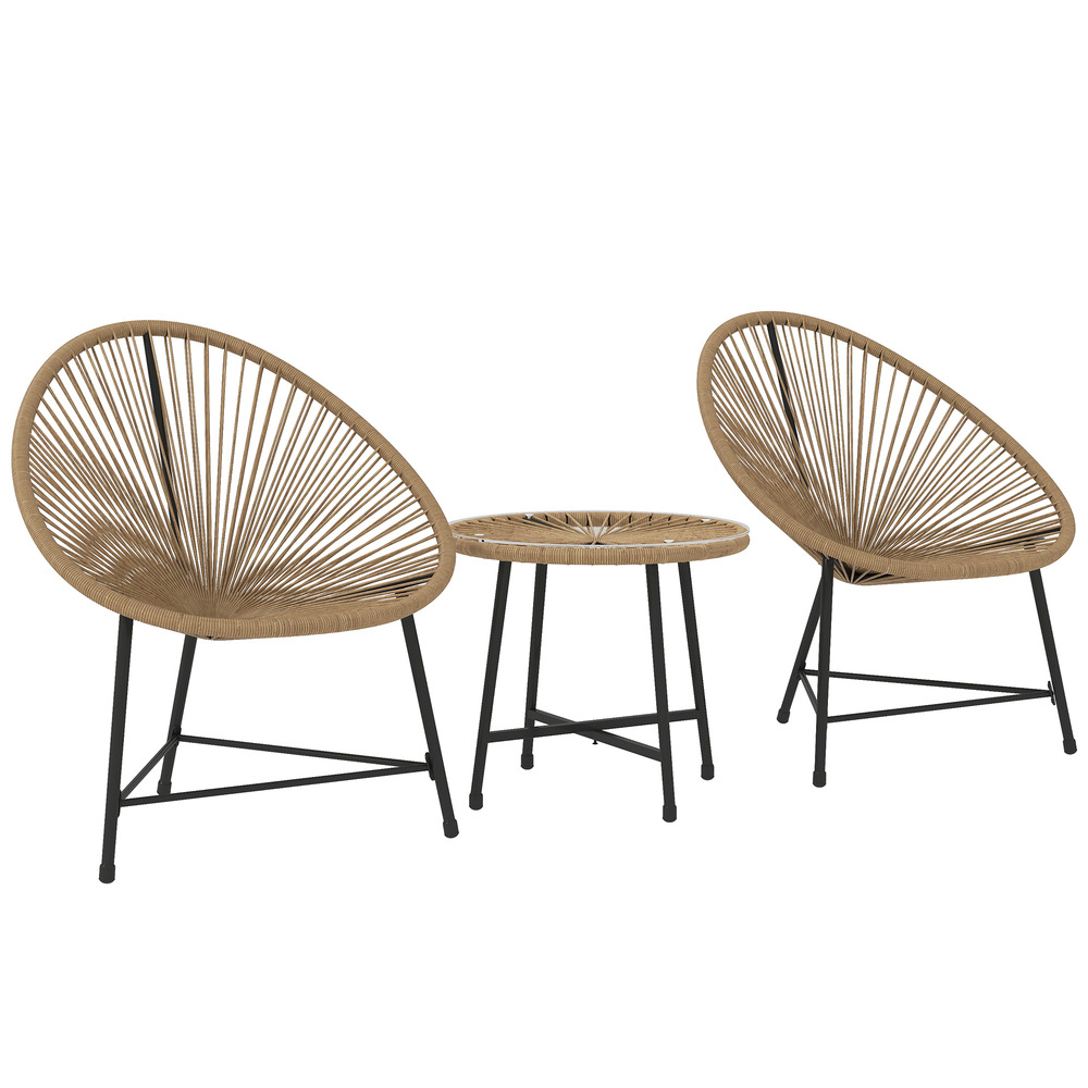 Ensemble de jardin 3 pièces : 2 fauteuils rotin plastique + table verre, cadre acier, marron clair