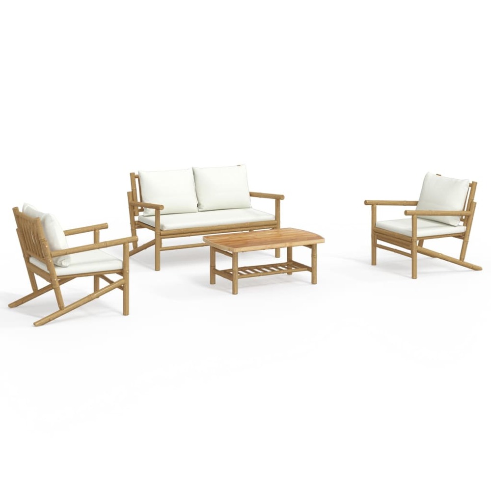 Salon de jardin 4 pcs avec coussins blanc crème bambou