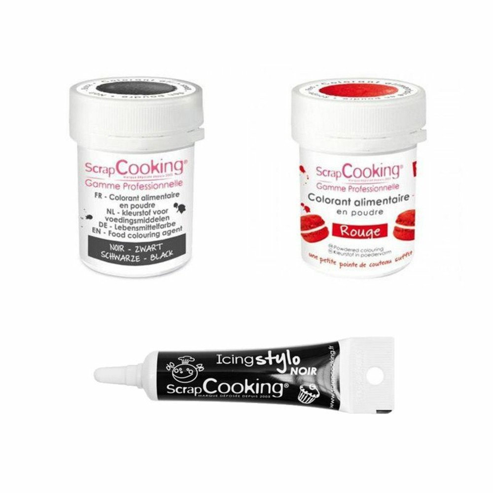 2 colorants alimentaires rouge-noir + stylo glaçage noir