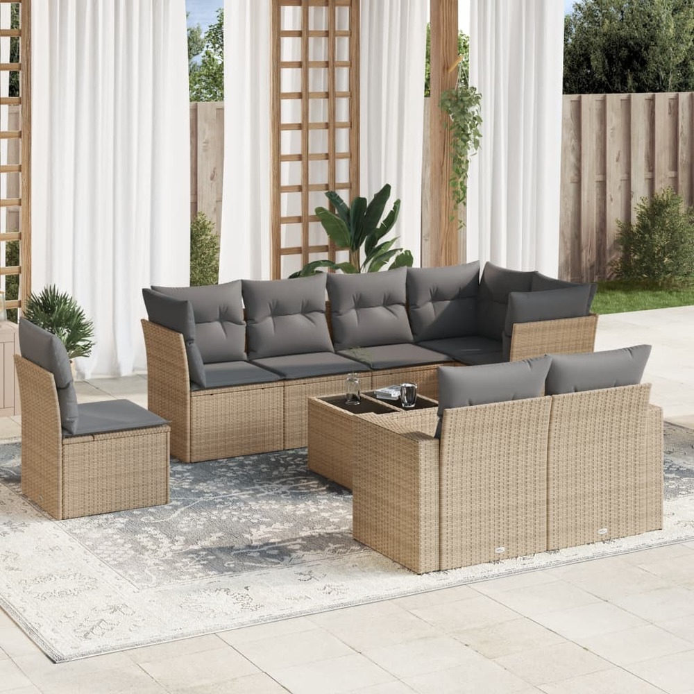 Salon de jardin avec coussins 9 pcs beige résine tressée
