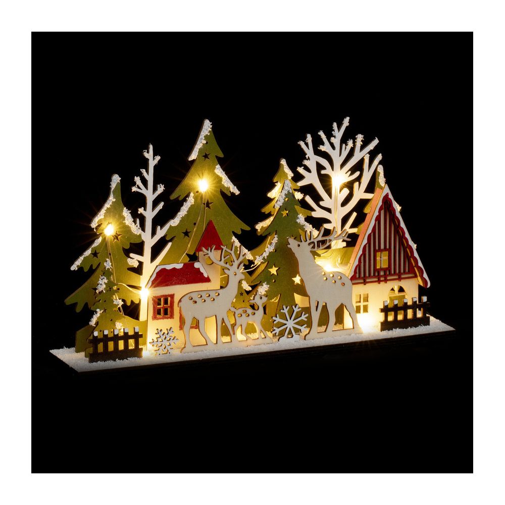 Déco lumineuse rennes & sapins en bois 13 led blanc chaud 30 x 17 cm
