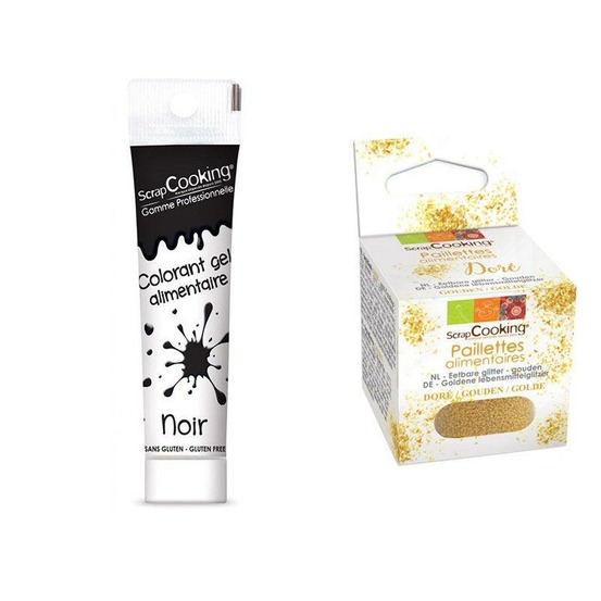 Gel colorant alimentaire noir + paillettes dorées