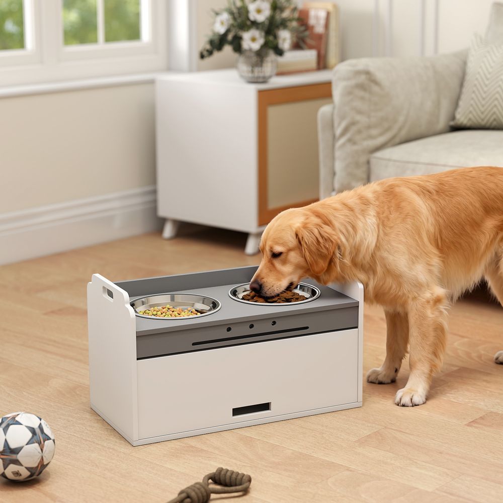 Station repas chien surélevée mdf blanc 60 x 30 x 35,5 cm 2 gamelles inox rangement 25 l pour grands chiens