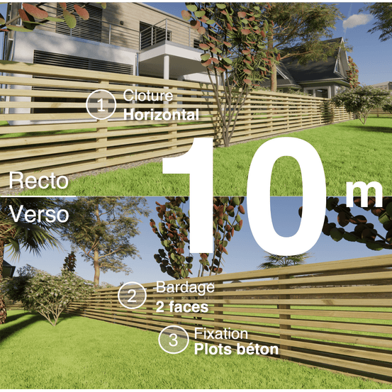 Kit clôture bois moderne 10m – h 0,9m – 45 x 45 mm autoclave – pose horizontal – double face – à sceller