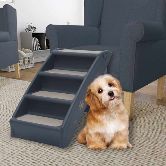 Escalier chien 4 marches pliable en feutre antidérapant accès lit canapé gris foncé
