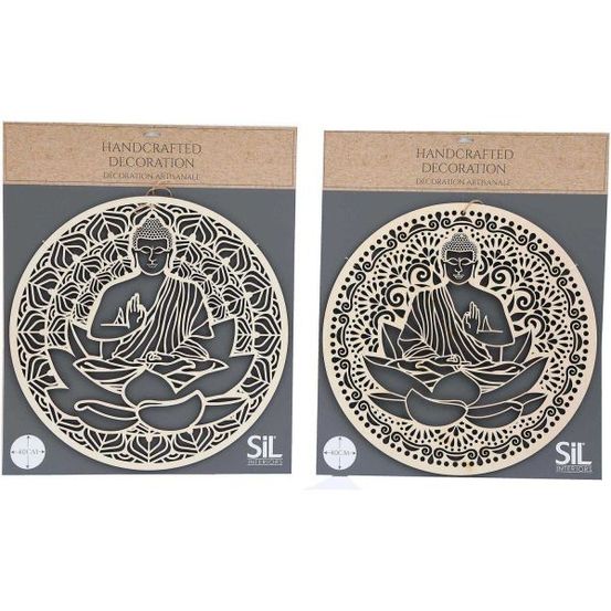 Décoration murale ronde bouddha 40 cm en bois sculpté