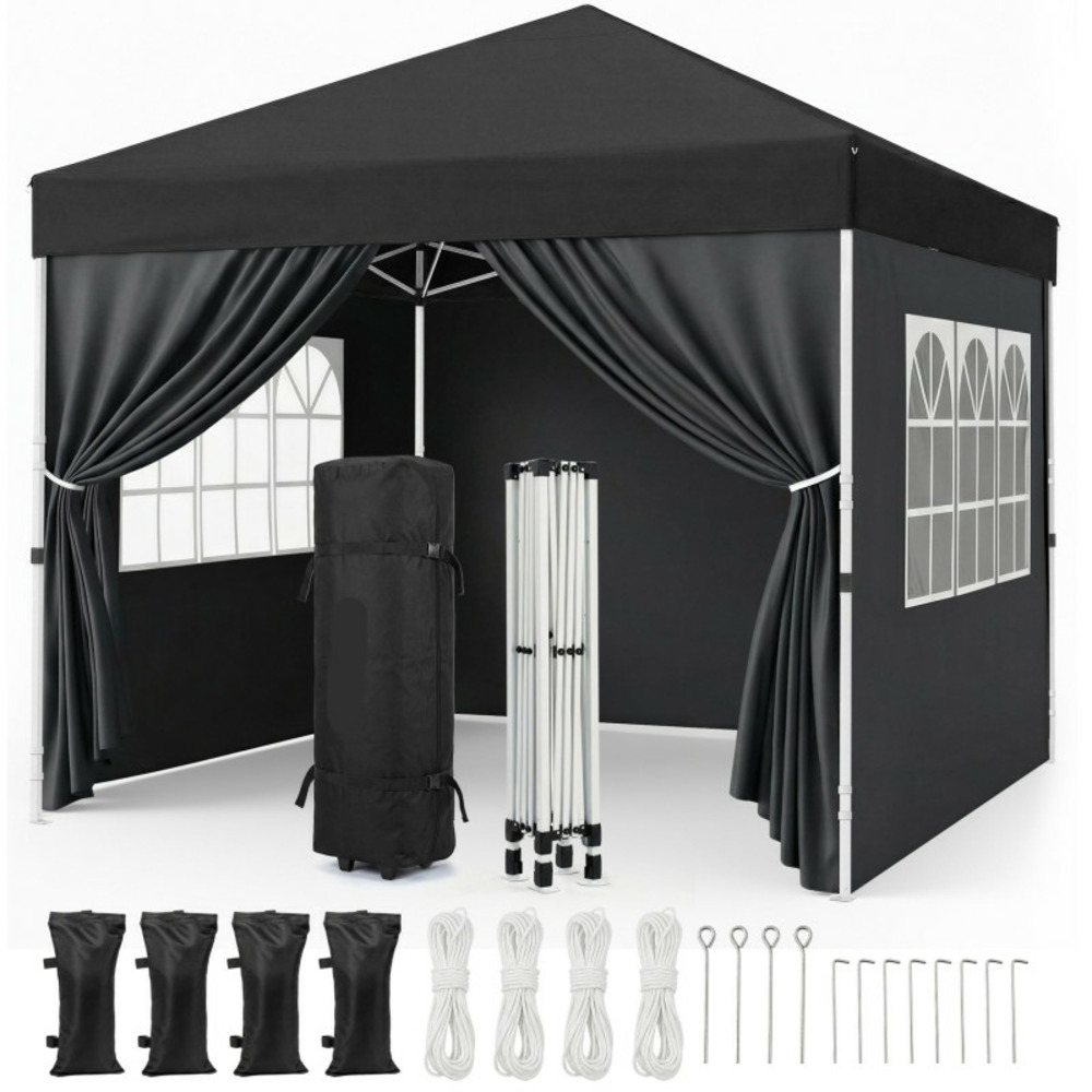 Pavillon 3x3m tonnelle de jardin pliable noir avec fenêtres sac de rangement inclus