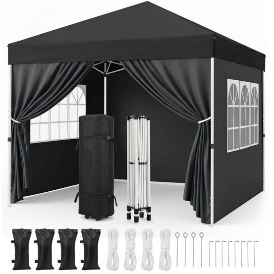 Pavillon 3x3m tonnelle de jardin pliable noir avec fenêtres sac de rangement inclus