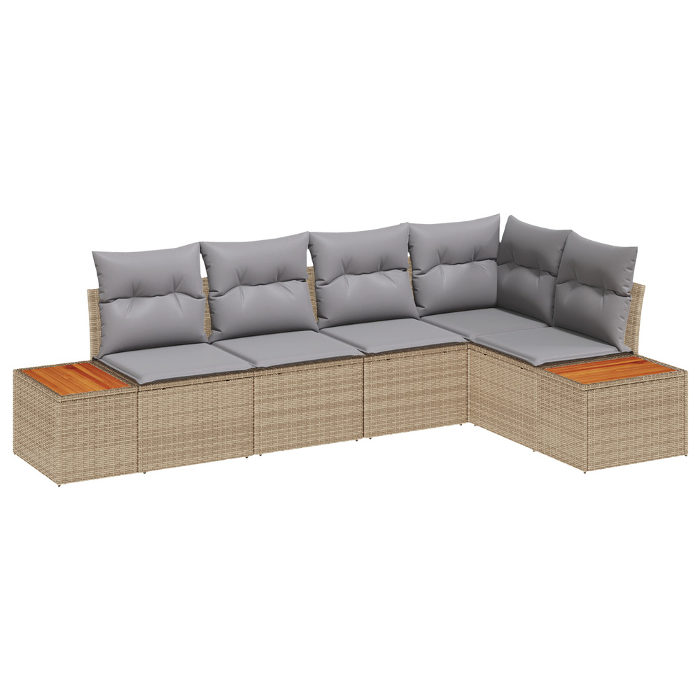 Ensemble de canapé de jardin 5 pièces avec coussins beige rotin poly acacia