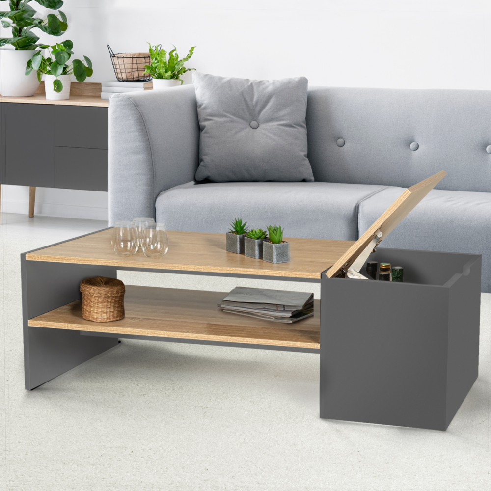 Table basse bar contemporaine rectangulaire izia avec coffre gris et plateaux bois