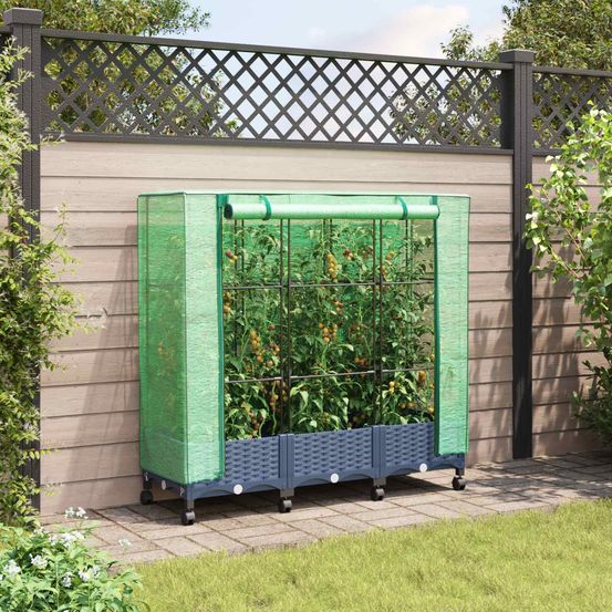 Jardinière sur pied en polypropylène pour terrasse avec serre et roulettes 120cm gris