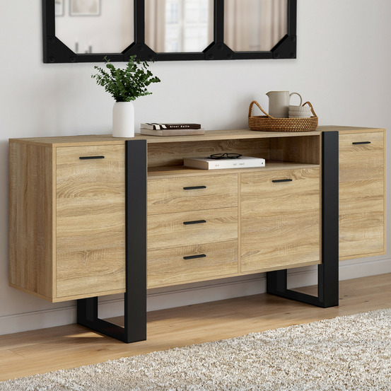 Buffet 180 cm phoenix xxl 3 portes et 3 tiroirs avec niche bois et noir