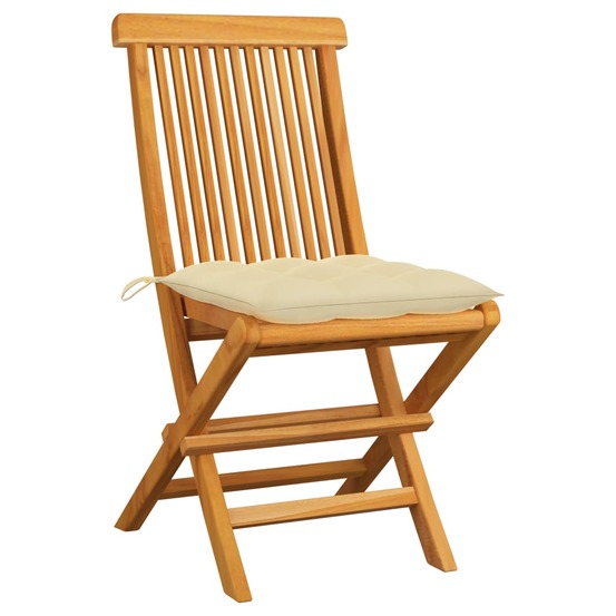 Chaises de jardin lot de 2 et coussins blanc crème teck massif