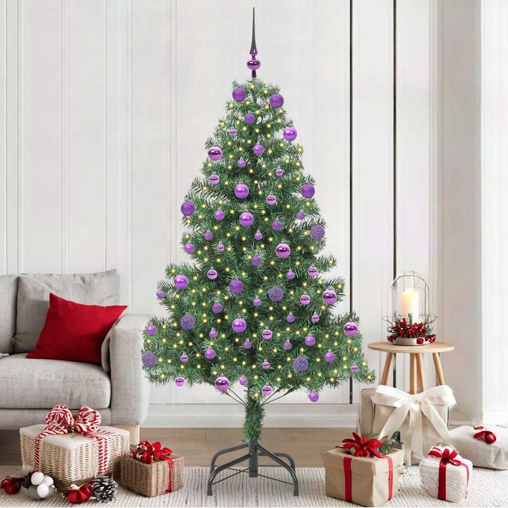 Grand sapin de noël lumineux 2.10m, 300 led 8 modes et décorations incluses pour intérieur/extérieur