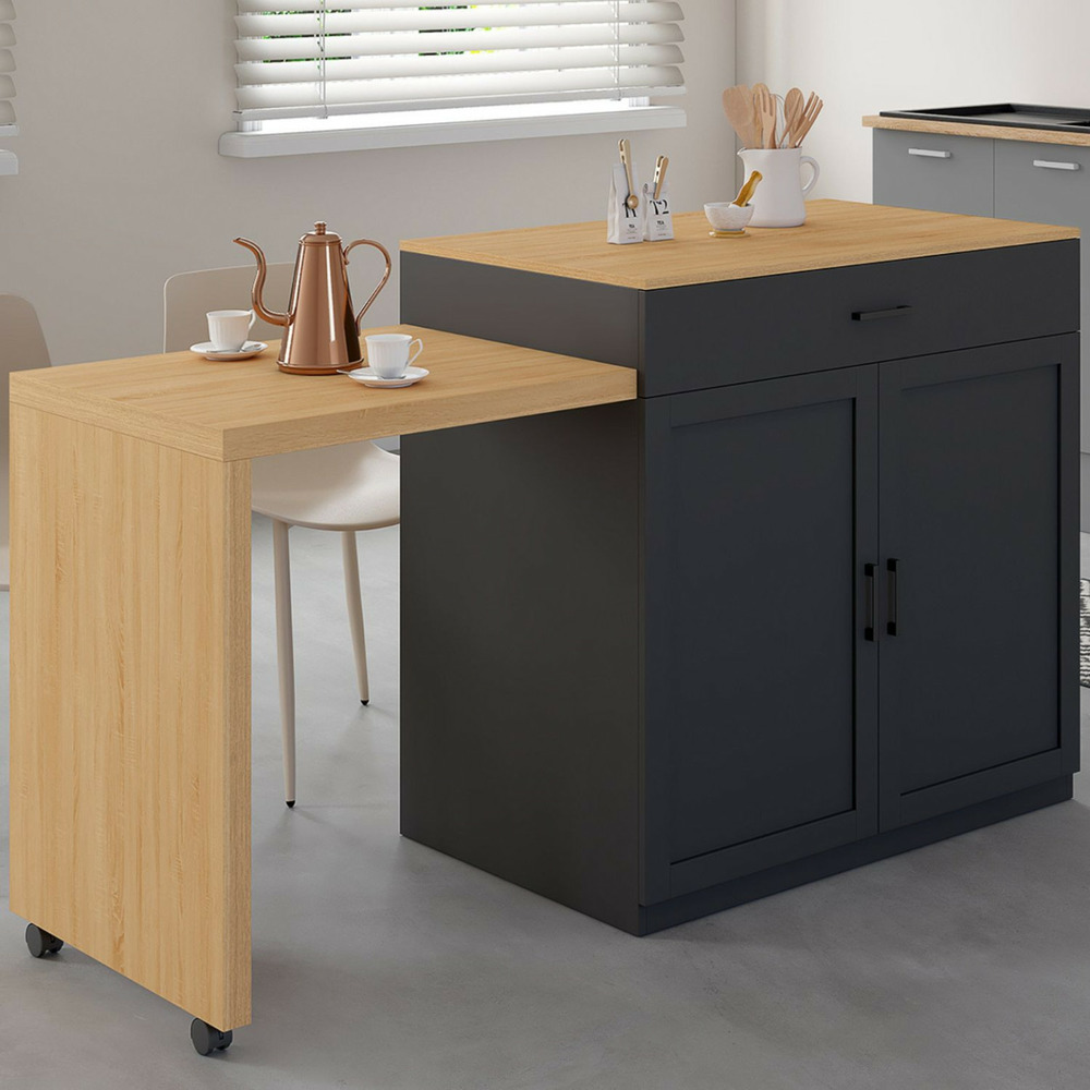 Ilot central vito 94-155 cm bois noir avec table à manger extensible intégrée façon hêtre