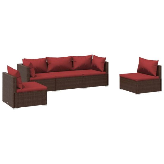 Salon de jardin 5 pcs avec coussins résine tressée marron