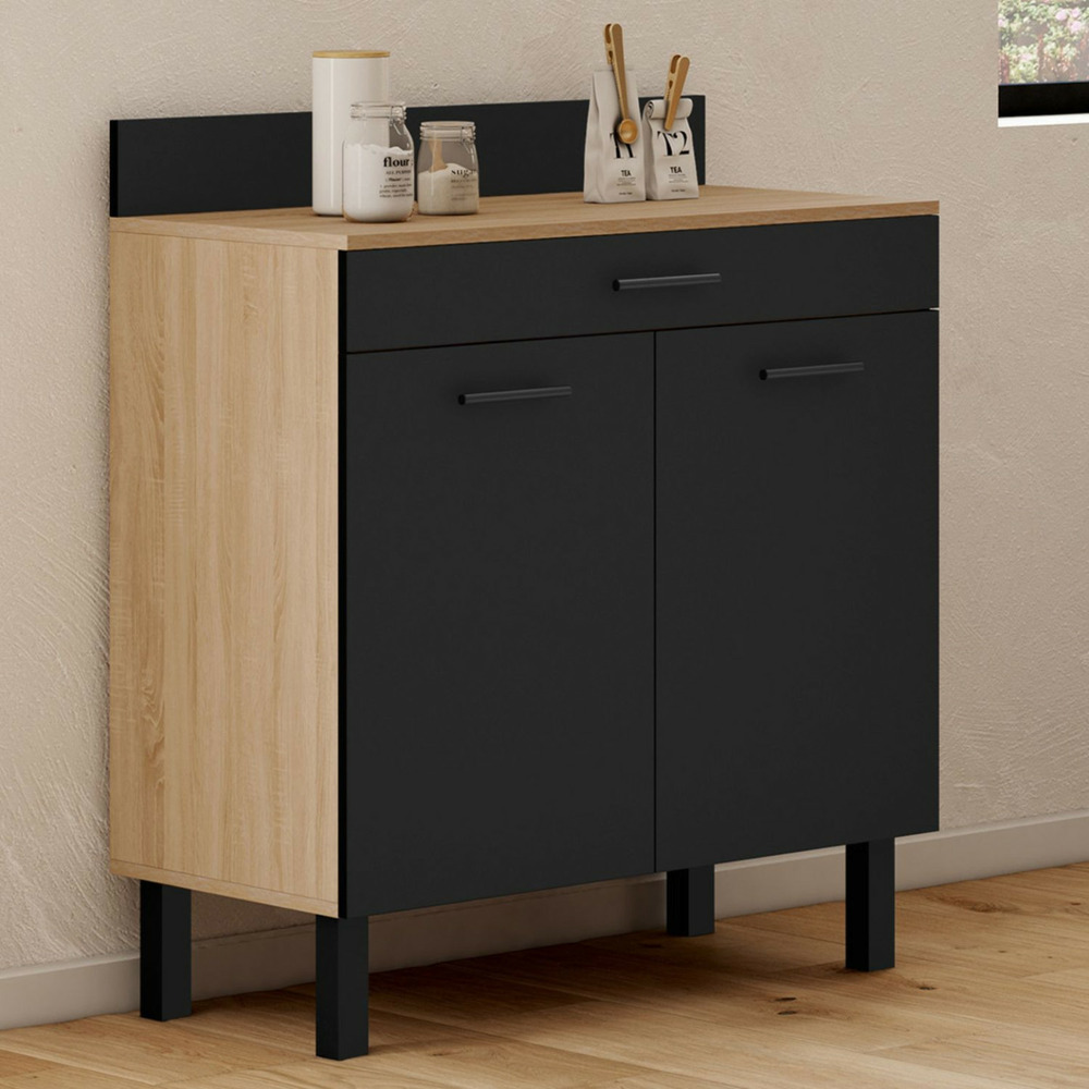 Buffet bas de cuisine 80 cm cina plan de travail h.83 cm 2 portes + tiroir façon hêtre et noir