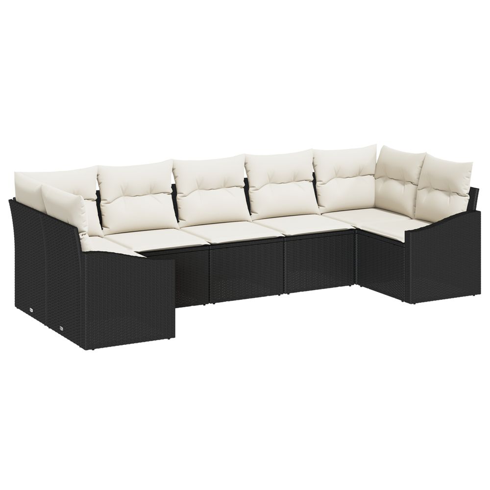 Ensemble de salle à manger de jardin de 7 pièces avec coussins en poly rattan noir