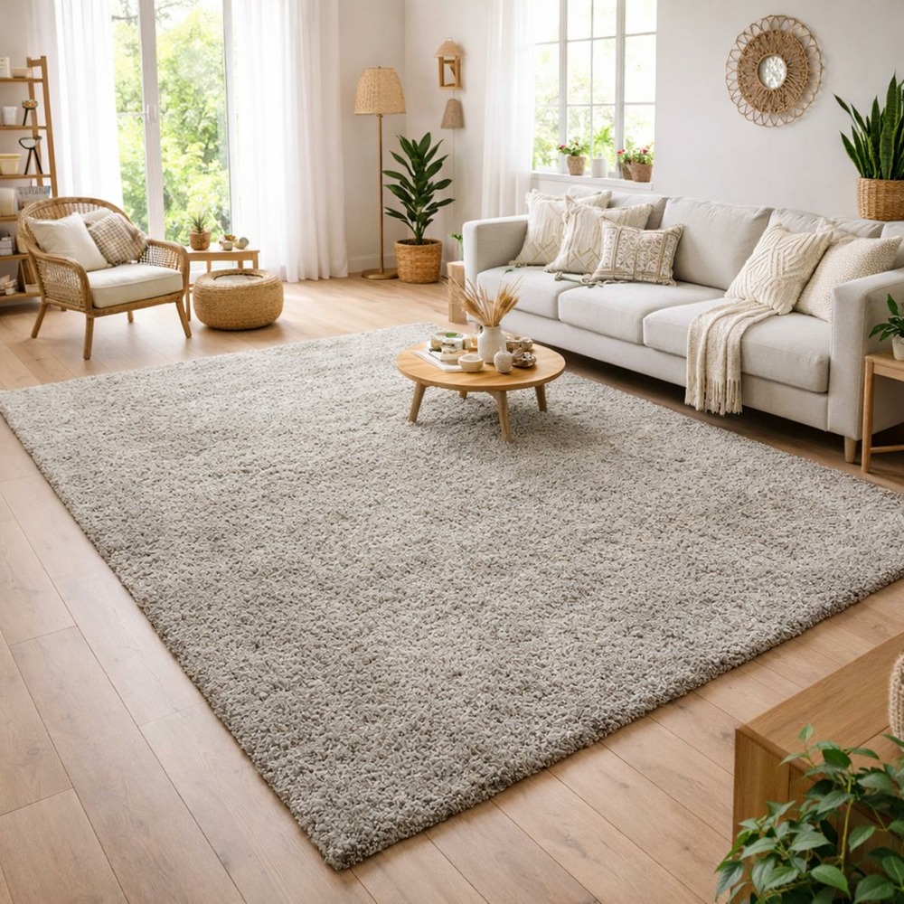 Tapis poils longs shaggy 80x150 rectangle tissé beige motif uni uni l