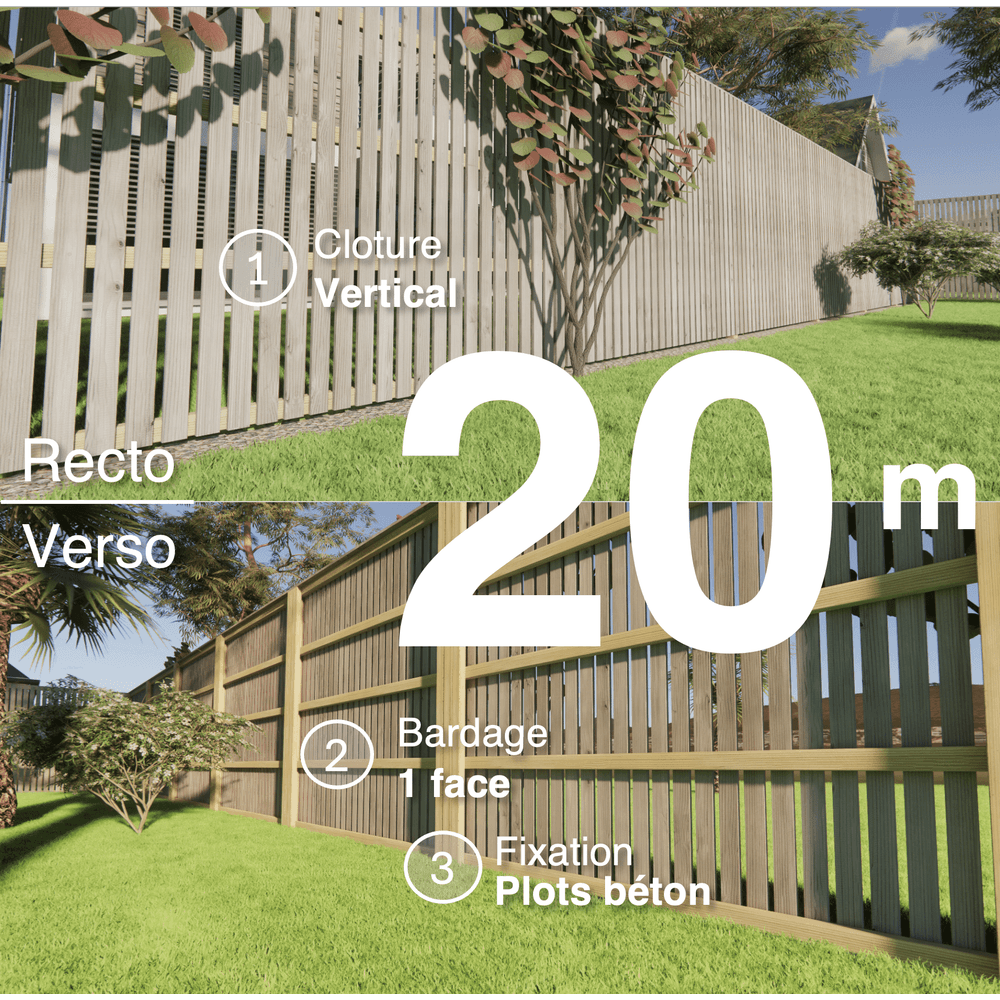 Kit clôture bois moderne 20m – h 2,3m – 20 x 70 mm autoclave gris – pose vertical – simple face – à sceller