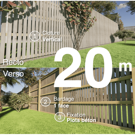 Kit clôture bois moderne 20m – h 2,3m – 20 x 70 mm autoclave gris – pose vertical – simple face – à sceller