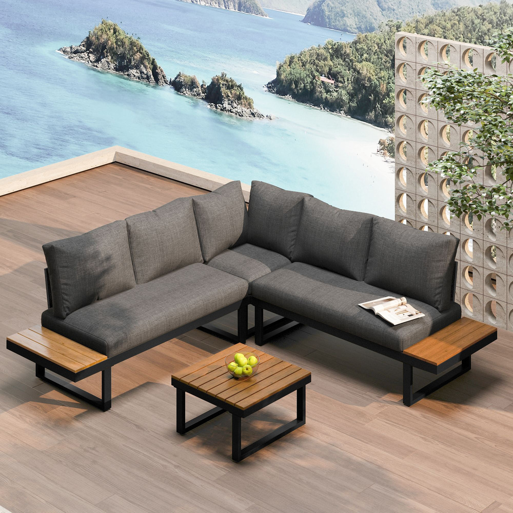 Canapé angle jardin: inclinable 5 positions, acier galvanisé, plateau teck, table basse gris/noir