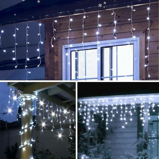 Guirlande stalactite blanc froid 10m 260 led câble transparent 8 programmes extensible