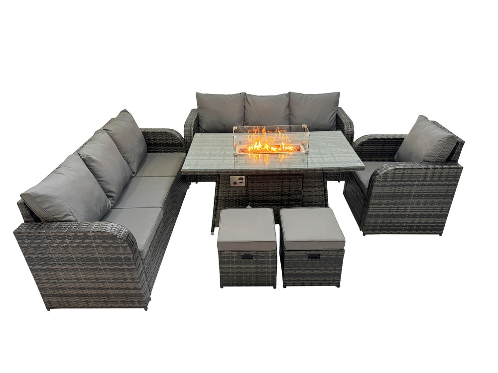 9 places salon de jardin table de foyer à gaz chaise inclinable canapé 3 places intérieur extérieur avec 2 petits tabourets