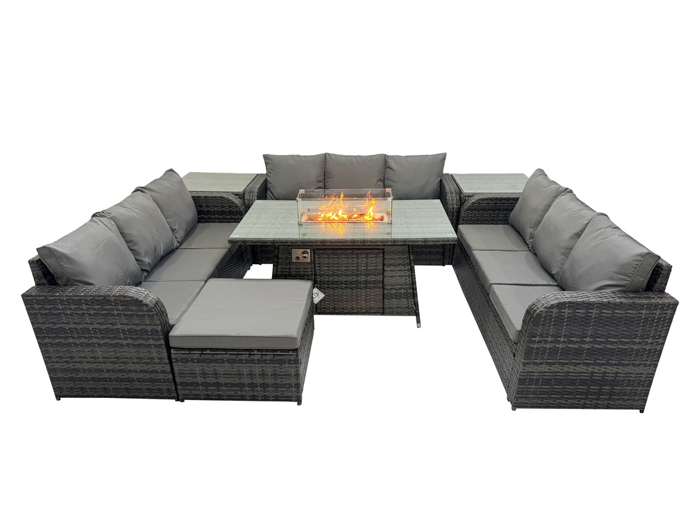 Salon de jardin en résine ensemble repas de jardin exterieur table de foyer à gaz avec 2 tables d'appoint canapé grand tabouret