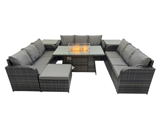 Salon de jardin en résine ensemble repas de jardin exterieur table de foyer à gaz avec 2 tables d'appoint canapé grand tabouret