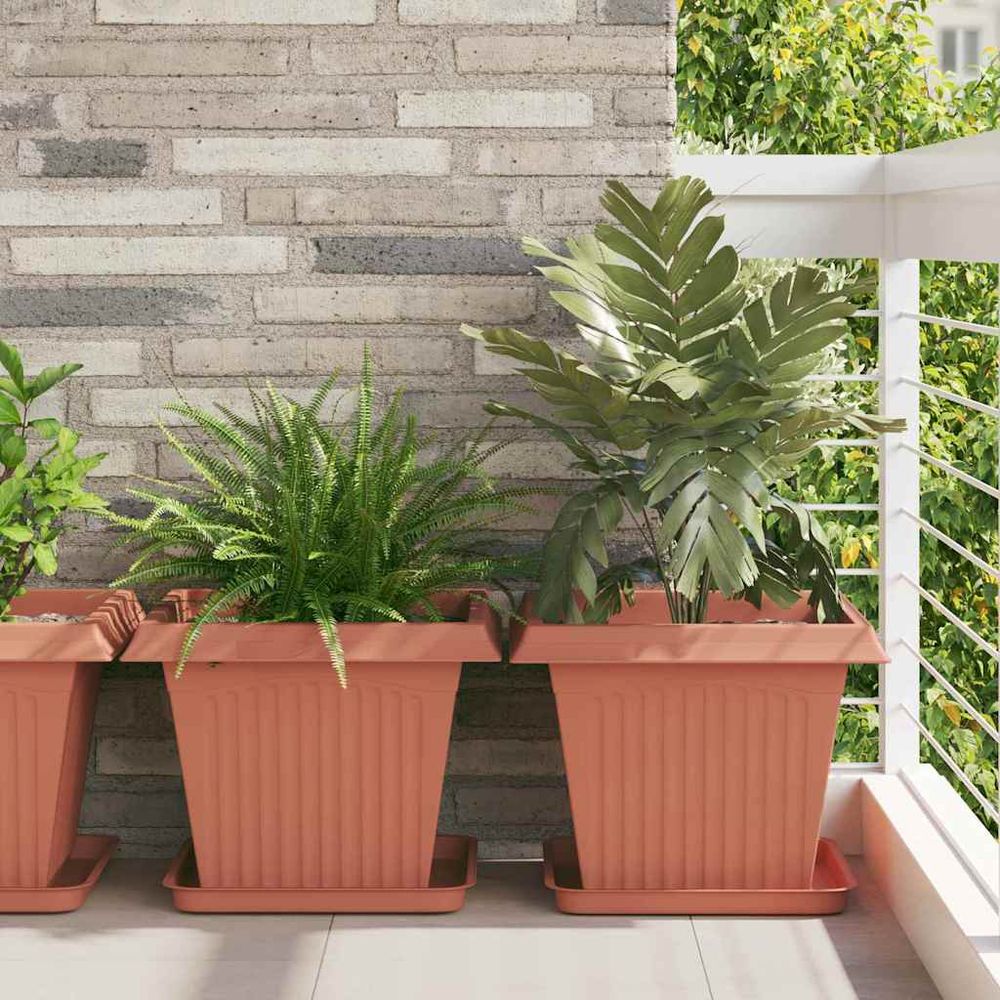 Lot de 6 grands pots de fleurs carrés plastique pour jardin drainage 43x43x33,5 cm rouge brique