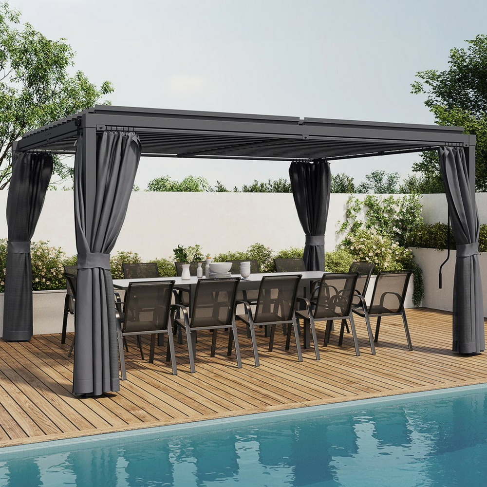 Pergola bioclimatique lames orientables acier 3x4 m rideaux et moustiquaire gris anthracite